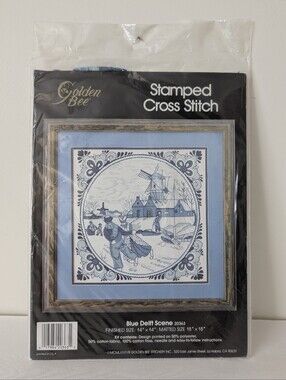 Blue Delft Scene Golden Bee Stamped Cross Stitch Kit NEW 14 x 14 Windmill Couple